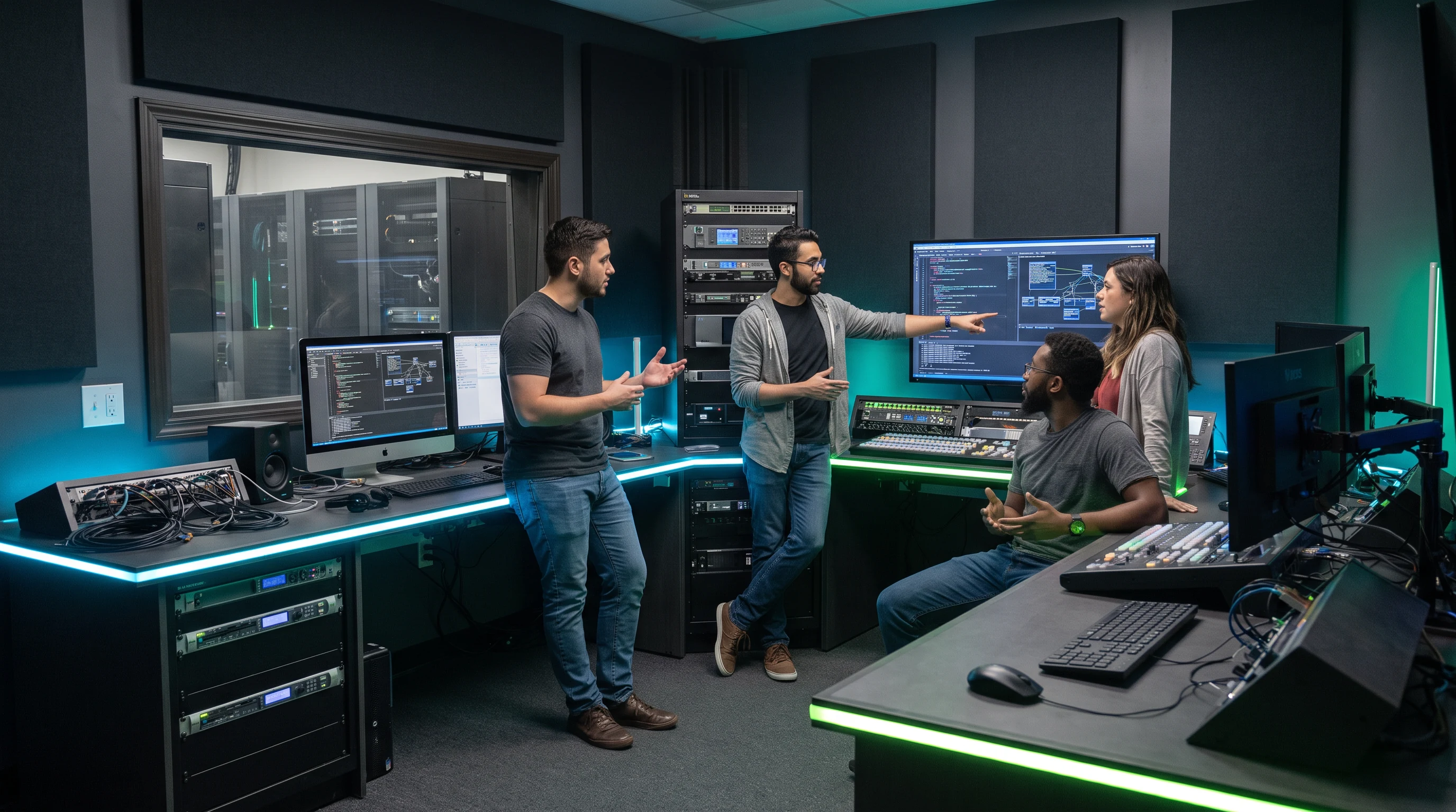 Engineer working beside a monitor wall